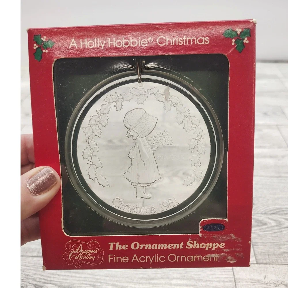 Holly Hobbie Christmas Ornament 1981 Acrylic Round Keepsake Retro Holiday